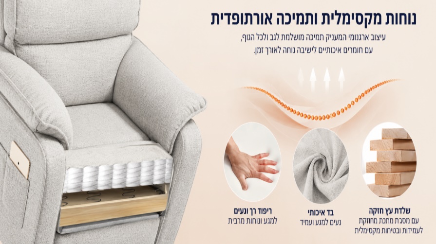 כורסת קימה חשמלית COMFY EASY LIFT צבע אפור בהיר מתצוגה ועודפים