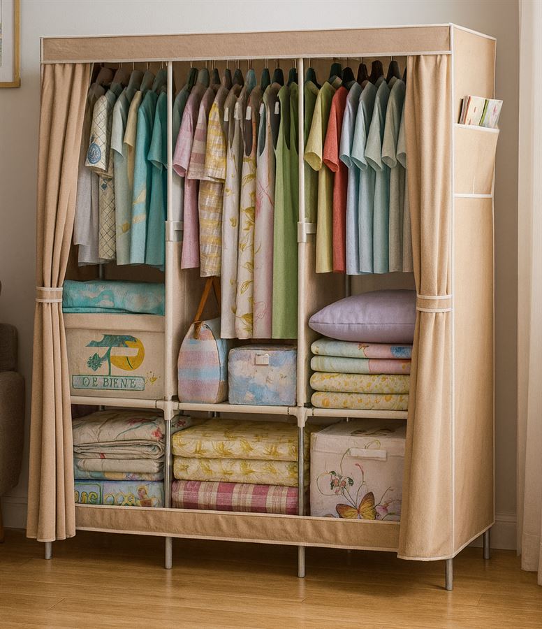 ארונית אחסון לבגדים ונעליים עם כיסוי בד מתצוגה ועודפים