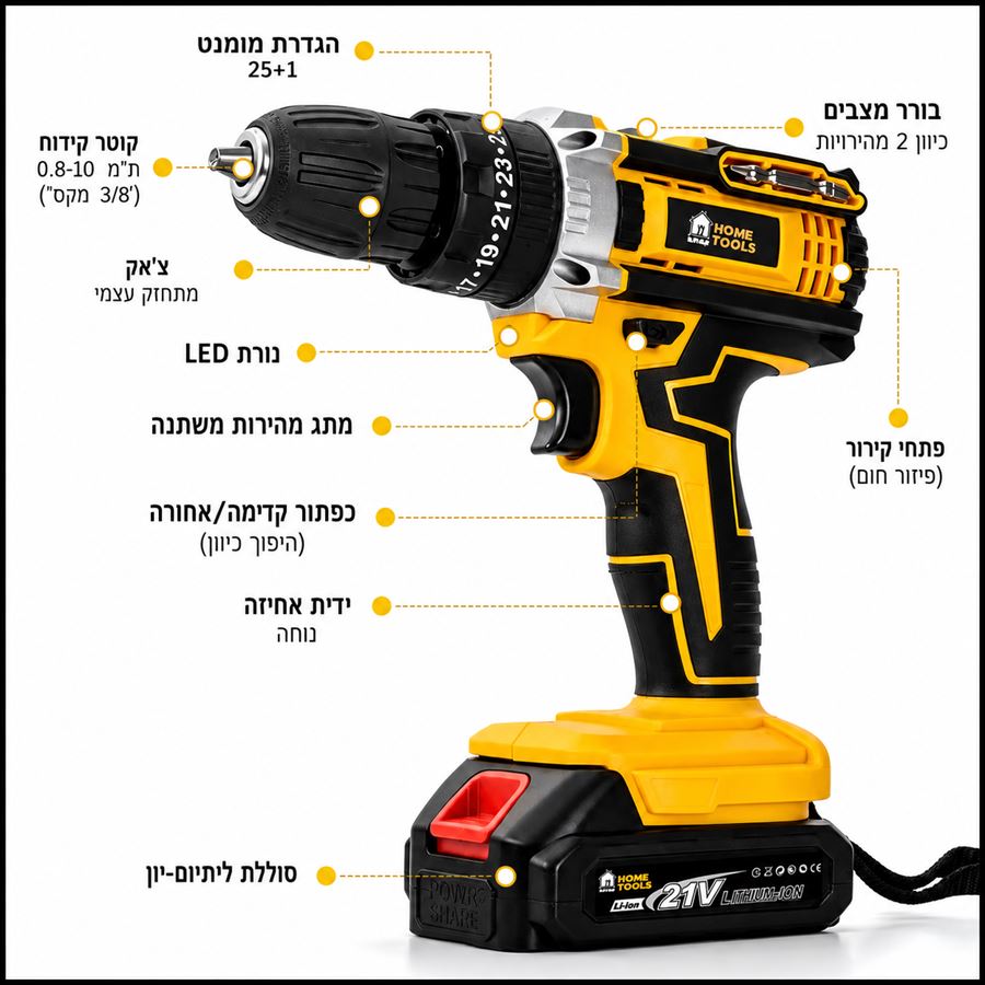 מברגה מקדחה רוטטת נטענת 21V עם סט מקצועי מלא