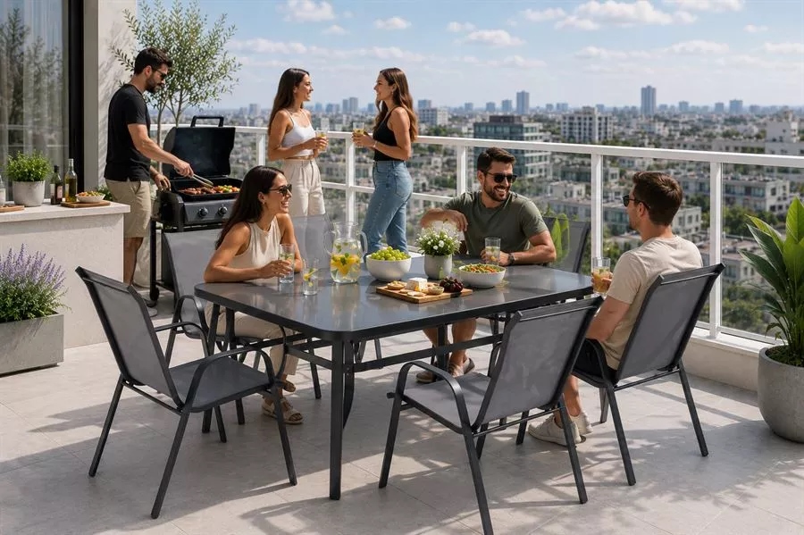 שולחן לפינת אוכל + סט 6 כסאות לחצר מתצוגה ועודפים